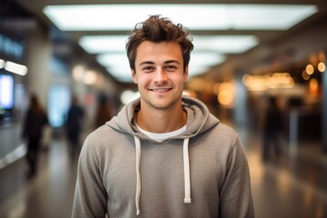 Fototapeta premium Portrait of a satisfied man in his 20s sporting a comfortable hoodie against a bustling airport terminal background. AI Generation