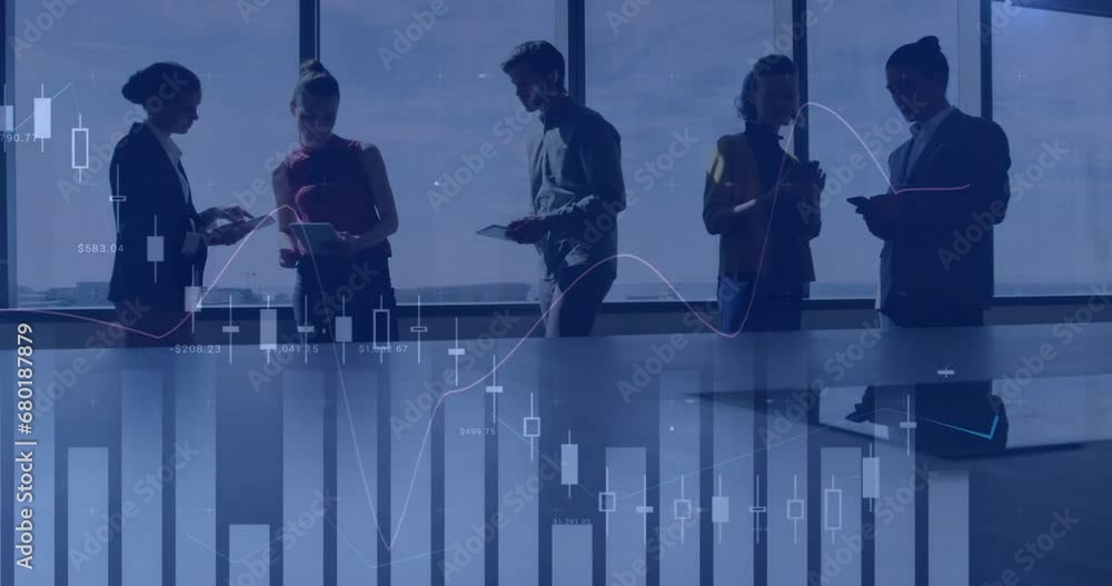 Poster animation of financial data processing over diverse colleagues in office