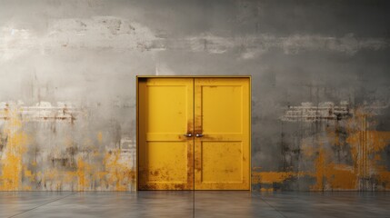  a yellow door sitting in the middle of a room with a cement wall and a cement floor with a cement floor and a yellow door in the middle of the room.
