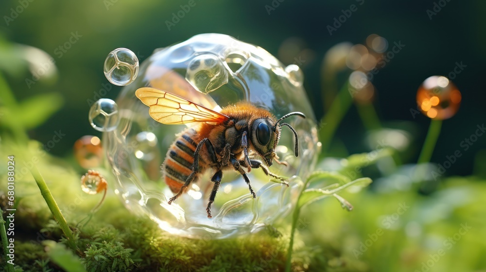 Poster a close up of a bee inside a bubble on a bed of green grass with bubbles in the foreground and a blu