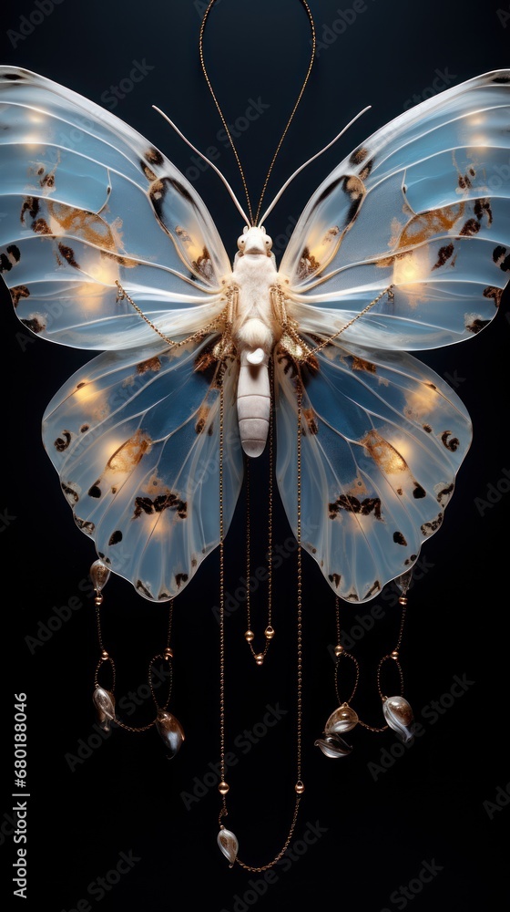 Aufkleber a close up of a butterfly with a light on it's face and a chain attached to the back of it's wings, 