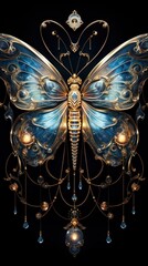  a blue and gold butterfly sculpture on a black background with a light bulb hanging from it's back and a light bulb hanging from the side of the butterfly's wings.