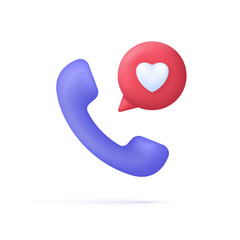 3D Phone with speech bubble and heart icon. Support and communication concept.
