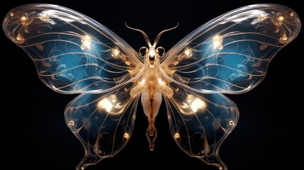  a close up of a butterfly with many lights on it's wings and wings, with a black background and a black back ground with a light in the middle.