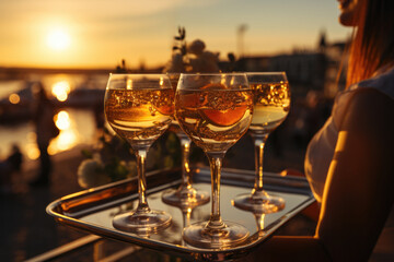 The waiter serves glasses of alcohol on a tray. Summer beach holiday at sunset, with space for text