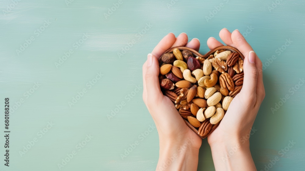 Poster two hands holding a heart shaped basket filled with nuts on a blue and green background with space f