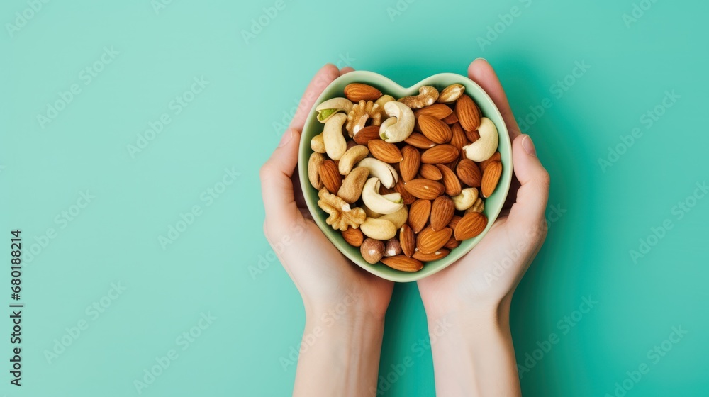 Poster two hands holding a bowl of nuts on a turquoise background with a heart shaped bowl of nuts on the t
