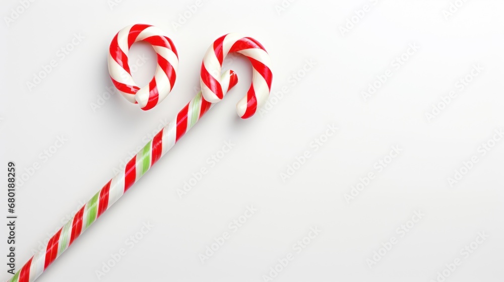 Poster two candy canes sitting next to each other on top of a white surface with a green and red stripe on 