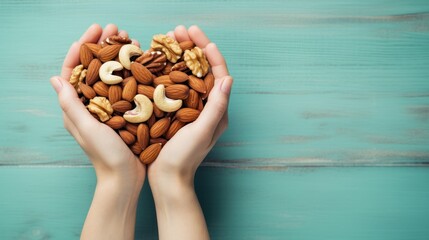  two hands holding a handful of nuts in the shape of a heart on a blue wooden background, top view, copy - up, with copy space for text. - obrazy, fototapety, plakaty