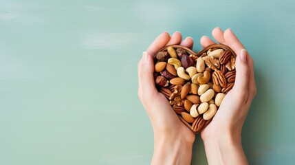  two hands holding a heart shaped basket filled with nuts on a blue and green background with space for a text or a picture of a hand holding a heart shaped basket filled with nuts. - obrazy, fototapety, plakaty