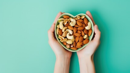  two hands holding a bowl of nuts on a turquoise background with a heart shaped bowl of nuts on the top of the bowl and a hand holding a bowl of nuts in the middle.