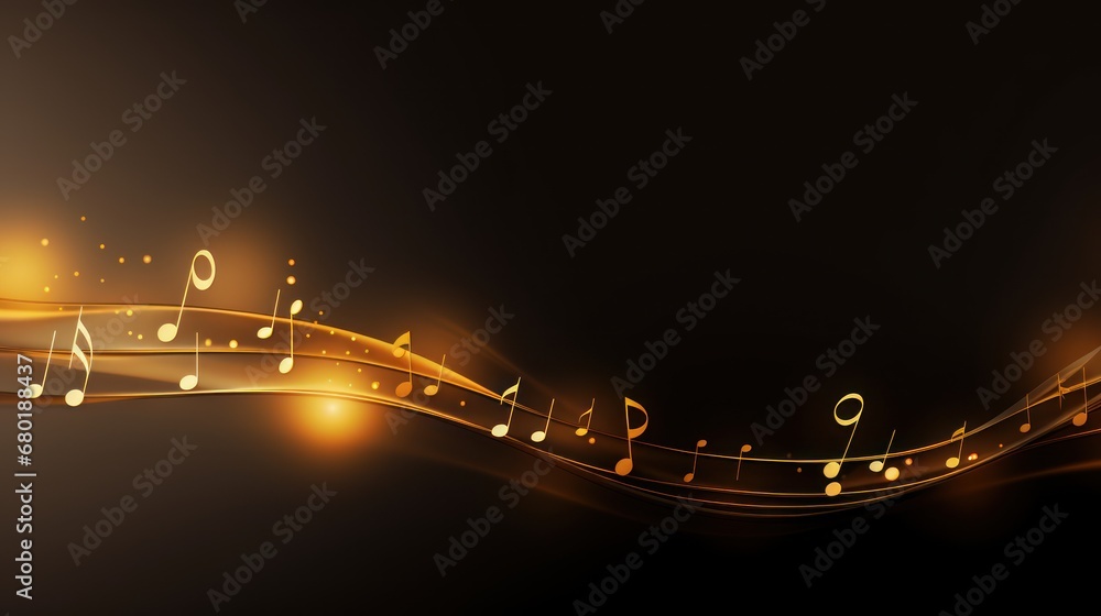 Poster an abstract music background with musical notes and glowing lights on a dark background with a spot 
