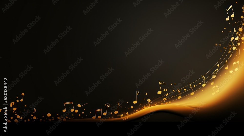 Poster a dark background with musical notes and a wave of light coming out of the top of the image and a bl
