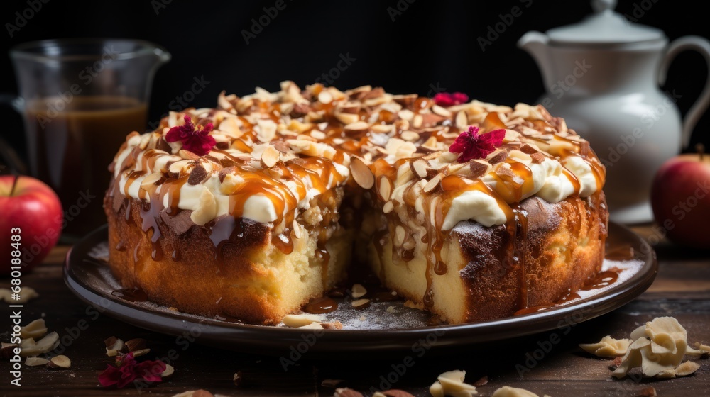Poster a close up of a cake on a plate with a slice taken out of it and an apple in the background with a p