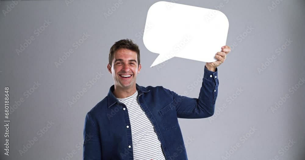 Wall mural Smile, man and speech bubble for social media, communication and faq. Portrait, chat sign and voice of person talking on forum, conversation space and feedback, opinion and mockup on grey background