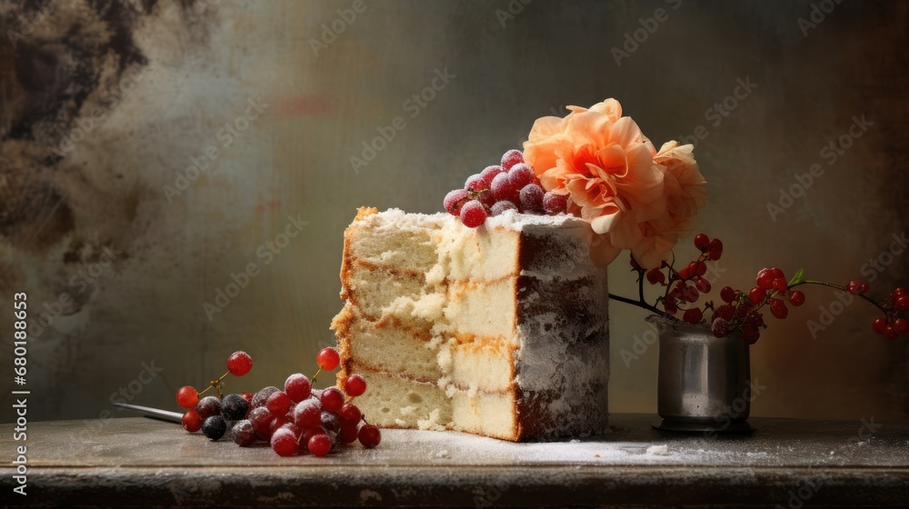 Poster a piece of cake sitting on top of a table next to a vase filled with flowers and a single piece of c