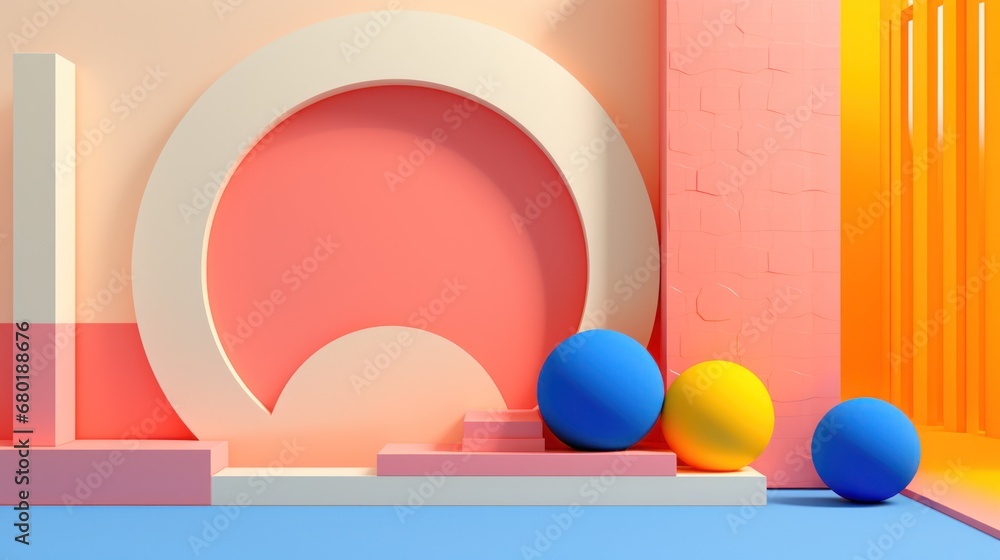 Poster a set of three balls sitting on top of a table next to a wall with a circular object on top of it an