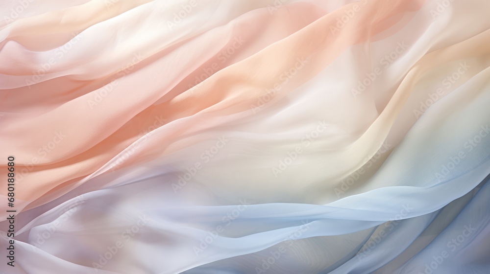 Poster a blurry image of a pink, blue, and beige fabric with a white stripe on the bottom of the image and 
