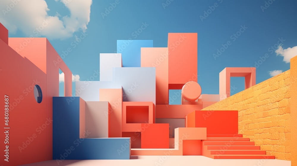 Poster a computer generated image of a building with stairs and a brick wall and a blue sky with white clou