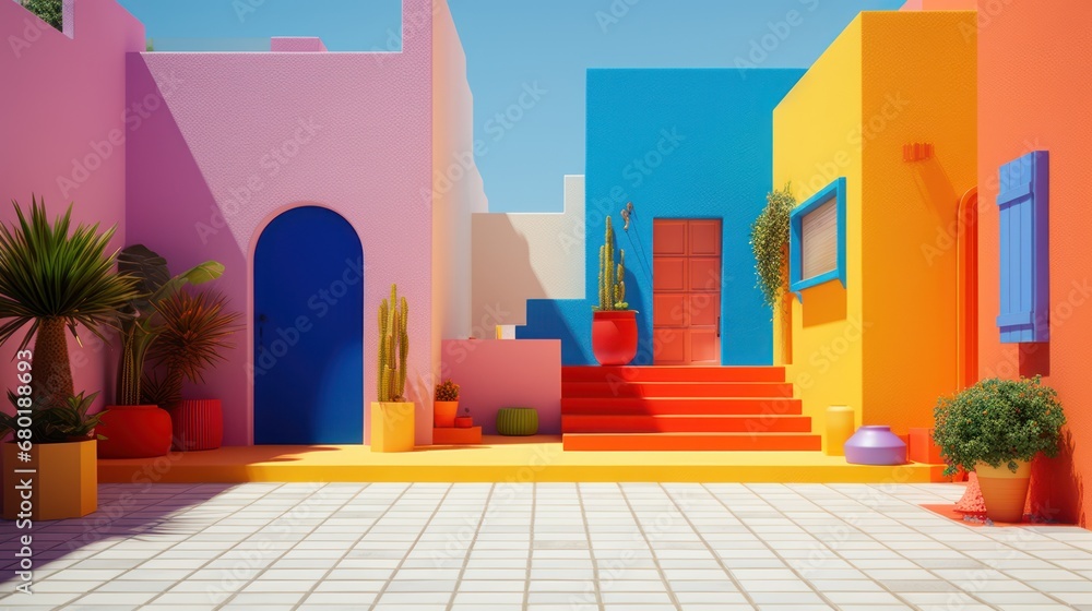 Poster a room with a bunch of different colored walls and a bunch of potted plants in front of a set of sta