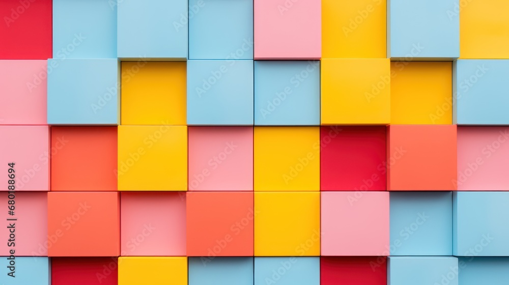 Poster a multicolored wall made up of squares and rectangles of different sizes and colors, with a red, yel
