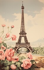 Fototapeta na wymiar Vintage Paris postal card with Eiffel Tower and red roses in pastel tones. 