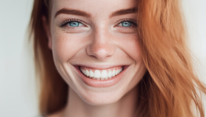 Joyful Elegance: Close-Up Portrait of a Smiling Redhead Woman, a Vision of Natural Beauty