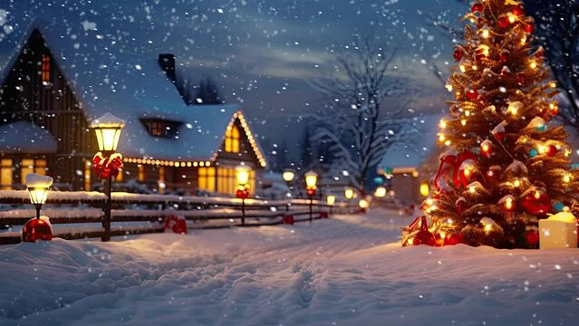 christmas decoration in the village in the snow with cartoon style. seamless looping time-lapse virtual video animation background.	
