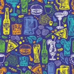 Vector bar cocktails alcoholic drinks and food seamless repeat pattern with dark blue background with pizza and mussels. Suitable for textile, nightclub menu and wallpaper.
