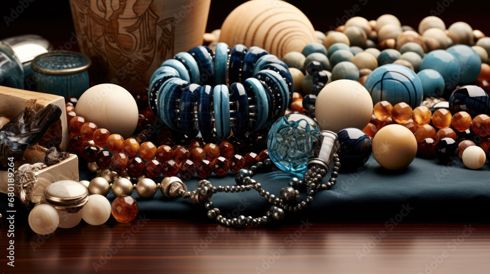 Poster a table topped with lots of different types of beads and bracelets on top of a blue cloth next to a 