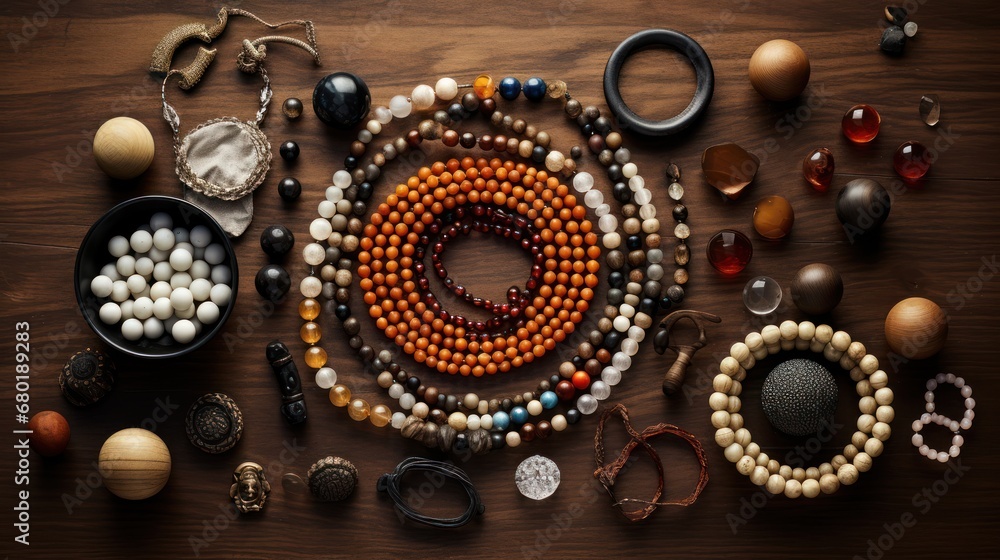 Poster a wooden table topped with lots of different types of bead necklaces and a bowl of beads next to a p