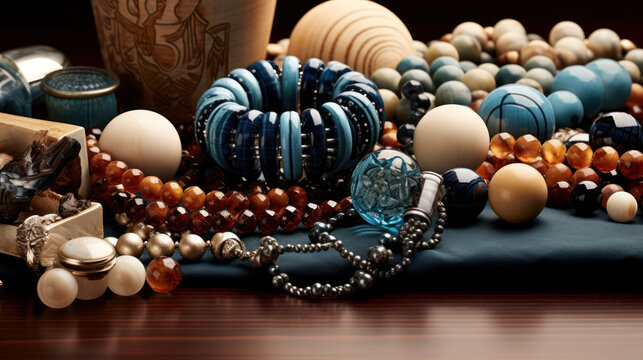  a table topped with lots of different types of beads and bracelets on top of a blue cloth next to a vase with a flower on top of a wooden table.