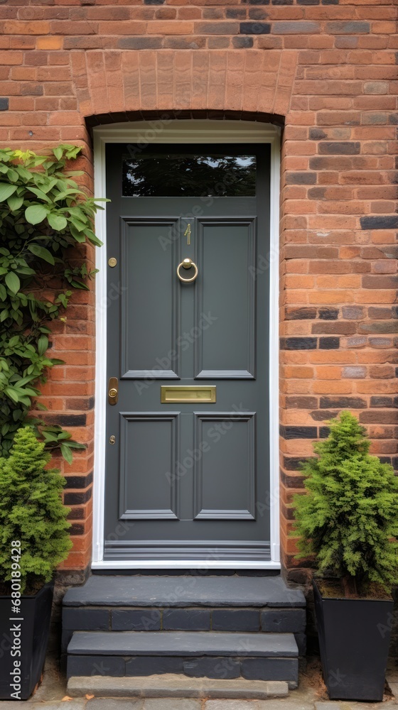 Poster the front door of a brick building with two planters on either side of the door and a step leading u