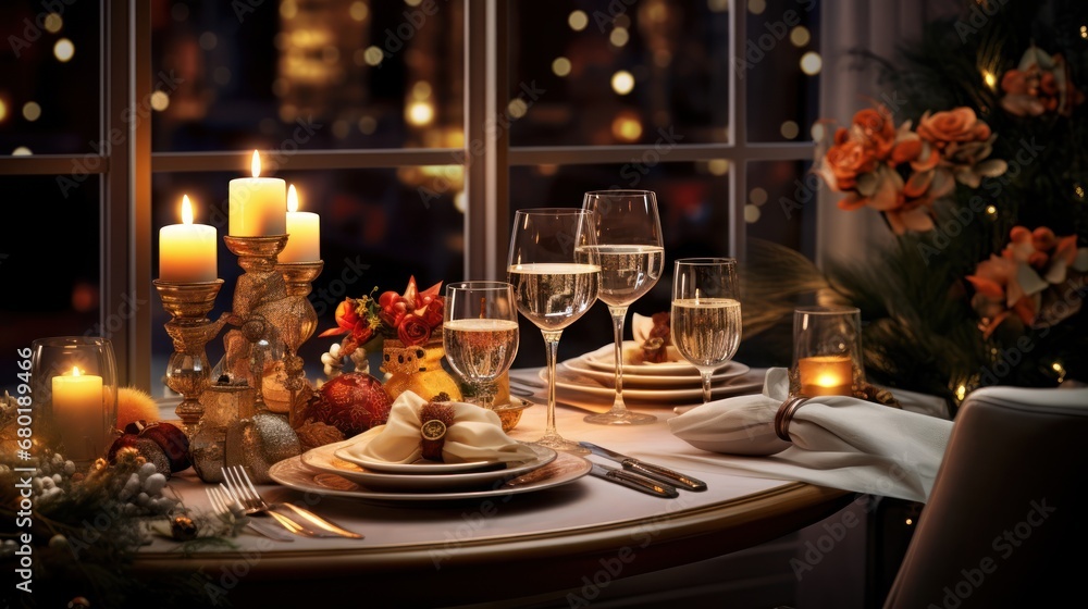Poster a table is set for a festive dinner with candles in the middle of the table and a view of the city o