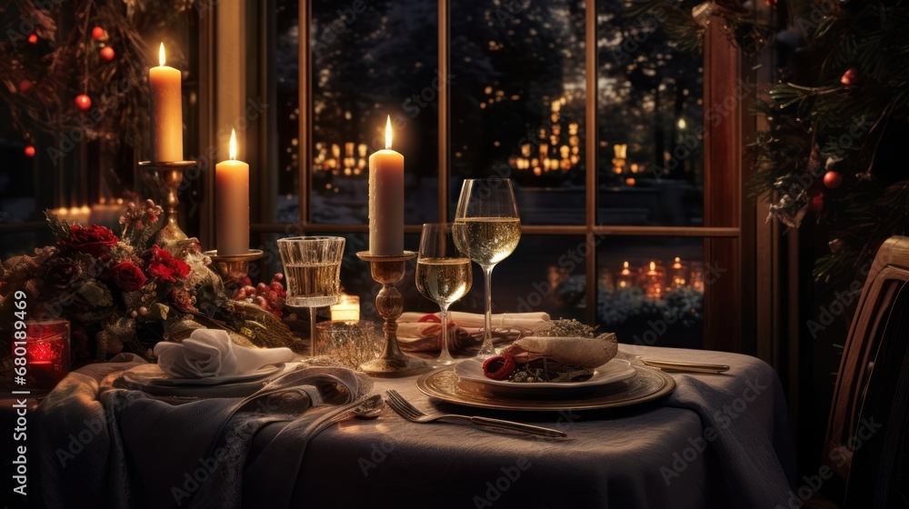 Poster a table topped with a plate of food and two glasses of wine next to a window with lit candles in the