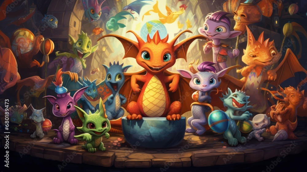 Poster  a painting of a group of little monsters in a cave with a glowing light coming out of the center of the picture, surrounded by smaller monsters and smaller ones in the background.