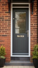  the front door of a brick house with potted plants on either side of it and a black door with a glass pane on the front of the door.
