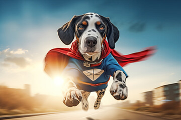 Dalmatian Dog in a Superhero Costume Running to the Rescue - obrazy, fototapety, plakaty