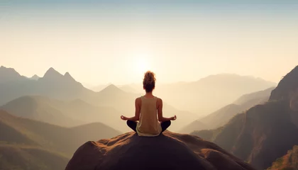 Gartenposter Dunkelbraun Spiritual Wellness Journey: Woman Practices Yoga and Meditation in the Harmony of Nature's Landscape