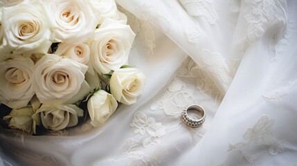  a bouquet of white roses next to a wedding ring on a bed of white satin with a white lace on the bottom of the bouquet and a ring on the bottom of the bouquet.