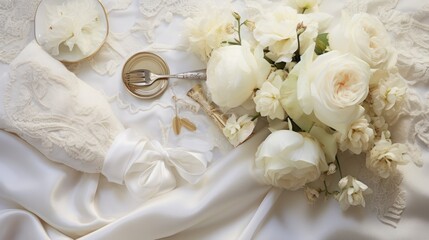  a bouquet of white flowers next to a pair of scissors and a pair of wedding garters on a white satin bed sheet with a pair of gold scissors.