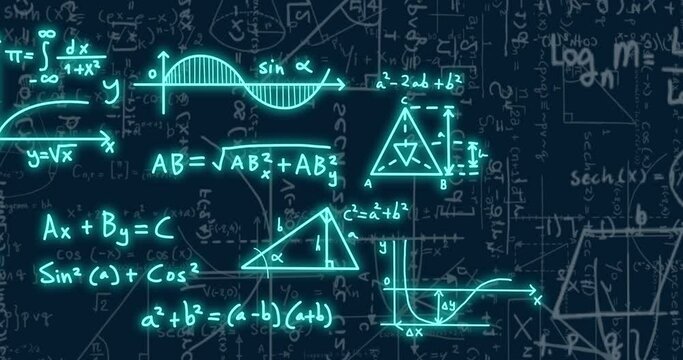 Animation of mathematical equations on black background