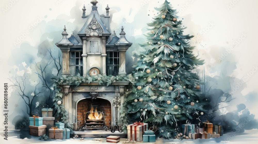 Poster a watercolor painting of a christmas tree with presents in front of a fireplace with a clock on the 