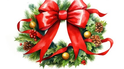  a painting of a christmas wreath with a red bow and holly wreath with bells and pine cones on the side of the wreath is a red ribbon and a golden ornament.