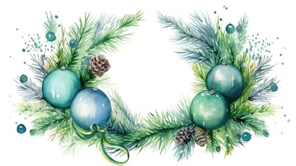 Fototapeta na wymiar a watercolor christmas wreath with green and blue ornaments and pine cones on the top of the wreath and pine cones on the bottom of the wreath are pine cones.