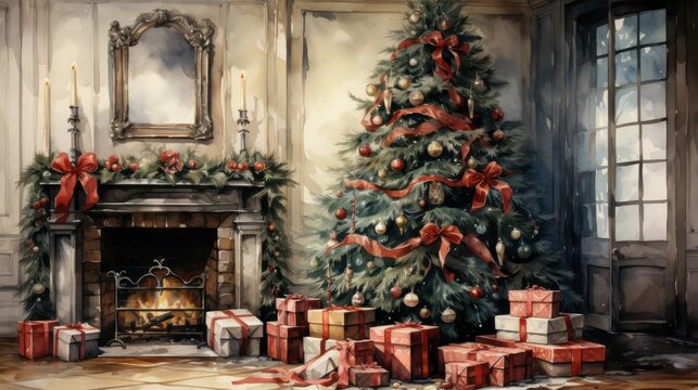  a painting of a christmas tree and presents in front of a fireplace with a mirror and a fireplace mantel with a lit candle and a mirror on the wall.