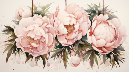  a painting of three pink peonies on a white background with green leaves and drops of water on the bottom of the peonies and bottom of the peonies.