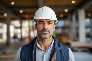 A male architect at a construction project, standing confidently and gazing directly at the camera, professional photography