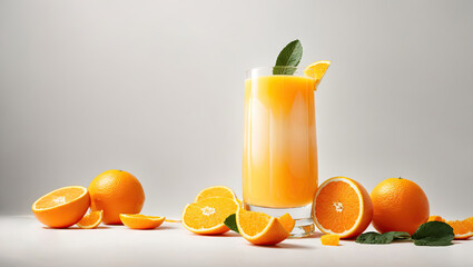 orange juice in white background with piece of orange, minimal wallpaper, 