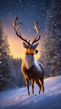 Reindeer deer with large antlers standing in a snowy clearing in the background of trees falling snow. A short video of beautiful white snow.